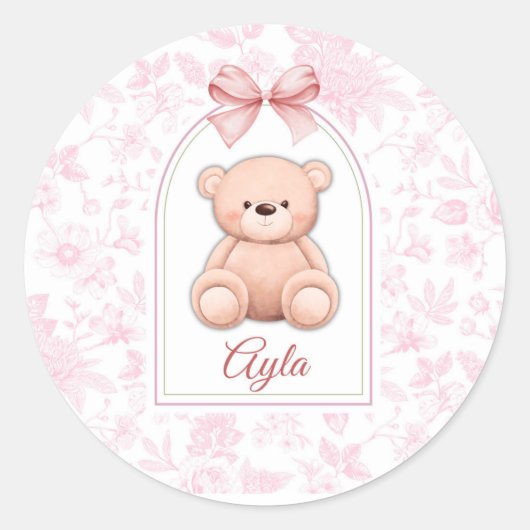 Ayla | Aangepaste Roze Teddybeer Nursery Design Ronde Sticker (Voorkant)