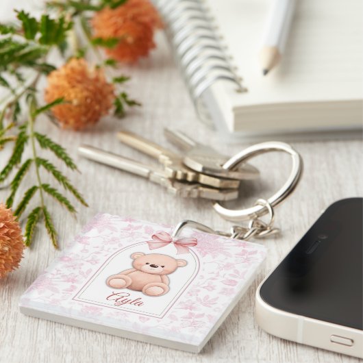 Ayla | Aangepaste Roze Teddybeer Nursery Design Sleutelhanger (Voorkant Rechts)