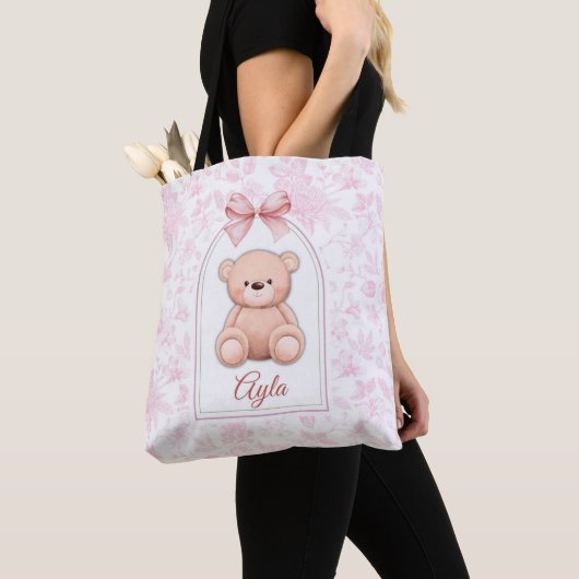 Ayla | Aangepaste Roze Teddybeer Nursery Design Tote Bag (Dichtbij)