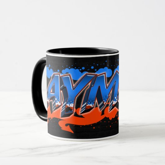 Ayman Vorname Name Graffiti blue orange Tasse Mok (Voorkant links)