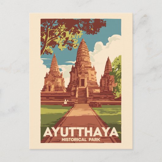 Ayutthaya Historisch Park Illustratie Reizen Kunst Briefkaart (Voorkant)