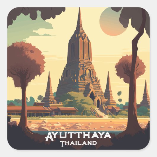 Ayutthaya Thailand Temple Sunset Vierkante Sticker (Voorkant)