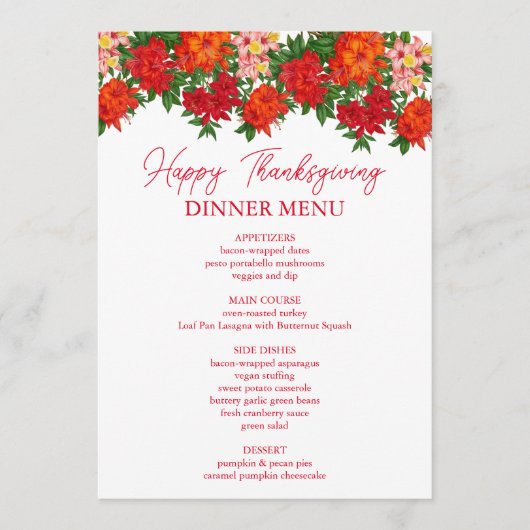 Azalea Herfst Bloemen Thanksgiving Diner Menu (Voorkant)