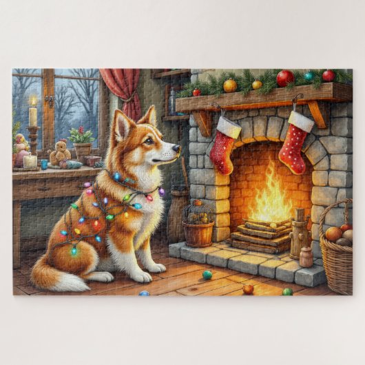 Azawakh Sitting by Fireplace with Christmas Lights Legpuzzel (Horizontaal)