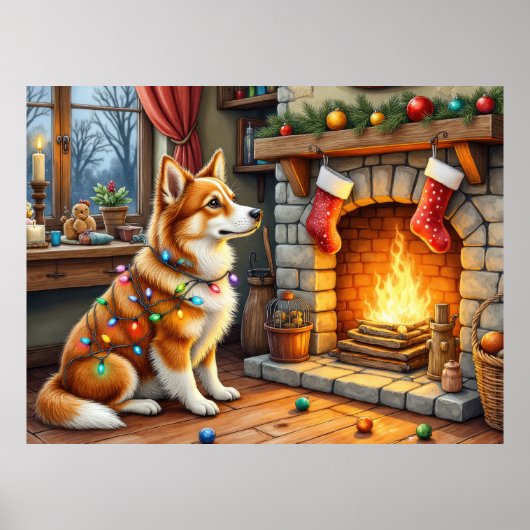 Azawakh Sitting by Fireplace with Christmas Lights Poster (Voorkant)