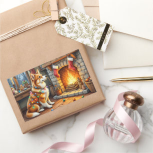 Azawakh zittend bij open haard met kerstlichtjes rechthoekige sticker