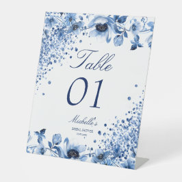 Aziatisch Chinoiserie Lichtblauw Bloemen Tafelnumm Reclamebord Met Voetstuk