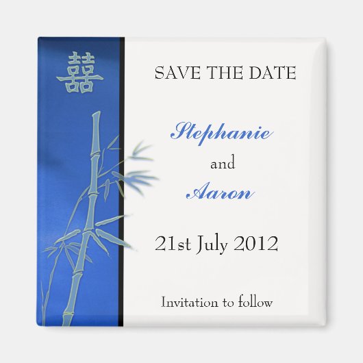 Aziatisch Dubbel Geluk Bamboe Blauw Save The Date Magneet (Voorkant)