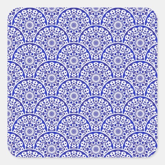 Aziatisch Geïnspireerd Blauw en Wit Aardewerk Chin Vierkante Sticker (Voorkant)