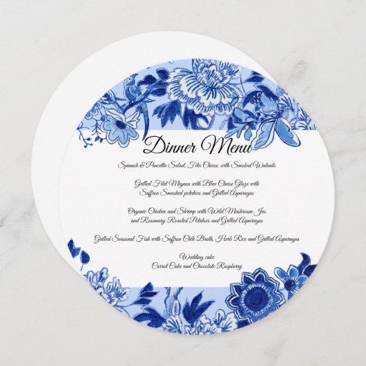 Aziatisch geïnspireerd hemelsblauw bloemig dinerme kaart (Voorkant / Achterkant)