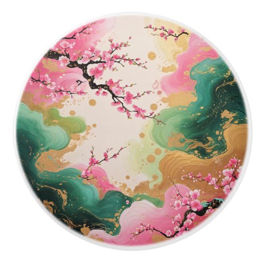 Aziatisch geïnspireerd kersenbloesempatroon keramische knop (Voorkant)