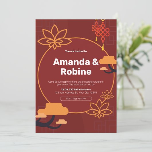 Aziatisch geïnspireerde bruiloft uitnodiging (Staand voorkant)