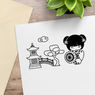Aziatisch geisha-meisje met paraplu in kimono in p rubberstempel
