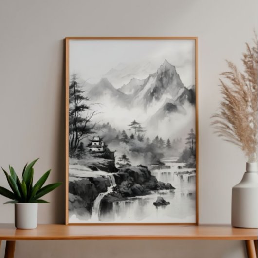 Aziatisch huis in bergen Inkt Schilderen Foto Afdruk