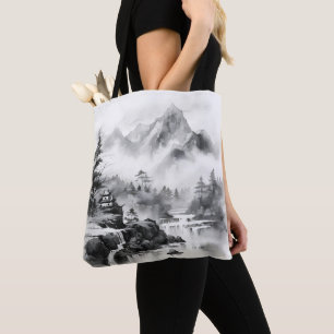 Aziatisch huis in bergen Inkt Schilderen Tote Bag