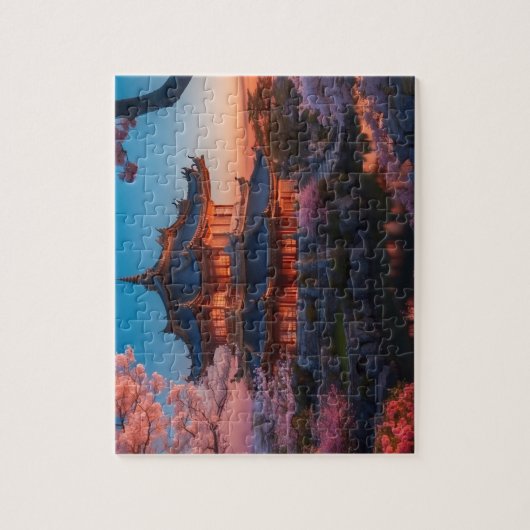 Aziatisch kasteel van de tuin zonsondergang legpuzzel (Verticaal)