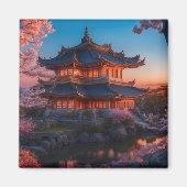 Aziatisch kasteel van de tuin zonsondergang magneet (Voorkant)