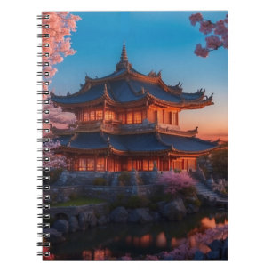 Aziatisch kasteel van de tuin zonsondergang notitieboek