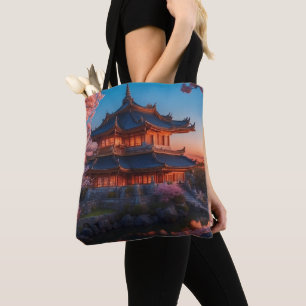 Aziatisch kasteel van de tuin zonsondergang tote bag