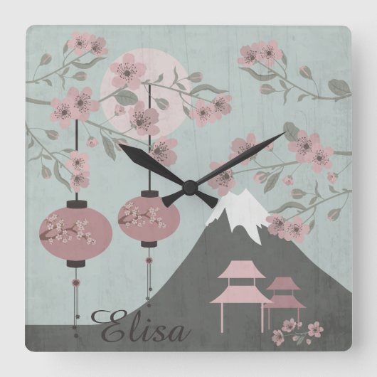 Aziatisch landschap bloeien berglantaarns kunst vierkante klok (Voorkant)