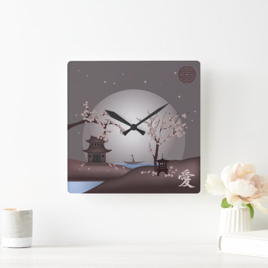 Aziatisch maanlicht landschap bergbloesem roze vierkante klok (Huis)
