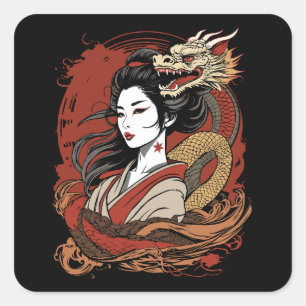 Aziatisch Meisje   Chinese draak Vierkante Sticker