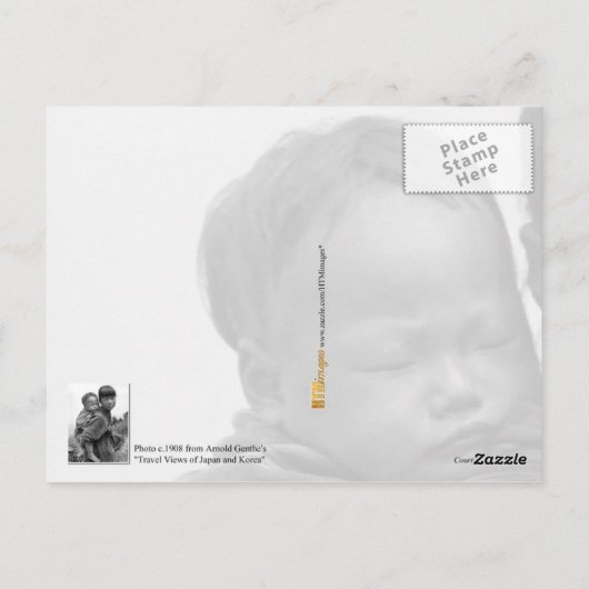 Aziatisch meisje dat kind op haar rug draagt (1908 briefkaart (Achterkant)