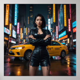 Aziatisch meisje in het nachtelijke stadslandschap poster