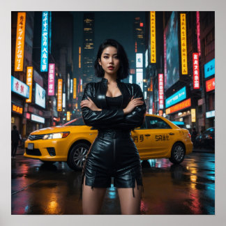 Aziatisch meisje in het nachtelijke stadslandschap poster