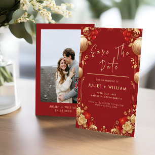 Aziatisch Modern Floral Chinees Tweetalig Huwelijk Save The Date