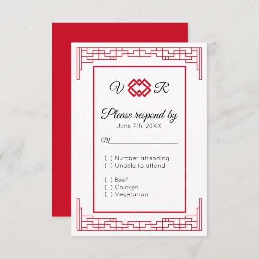 Aziatisch Monogram Rood Zwart Bruiloft RSVP Antwoo (Voorkant / Achterkant)