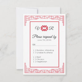 Aziatisch Monogram Rood Zwart Huwelijk RSVP Reacti Kaartje