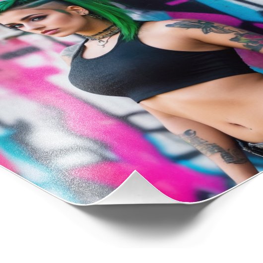 Aziatisch mooi groen haar getatoeëerd Punk graffit Foto Afdruk (Hoek)