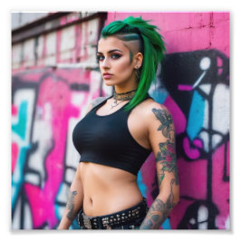 Aziatisch mooi groen haar getatoeëerd Punk graffit Foto Afdruk