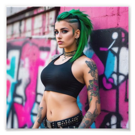 Aziatisch mooi groen haar getatoeëerd Punk graffit Foto Afdruk (Voorkant)