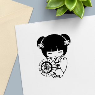 Aziatisch paraplu meisje in kimono kleur mij zelfinktende stempel