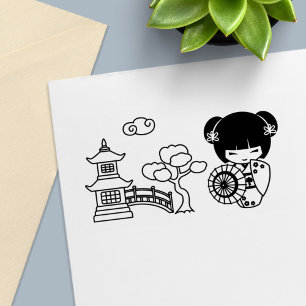 Aziatisch paraplu meisje in Kimono plakboek Zelfinktende Stempel
