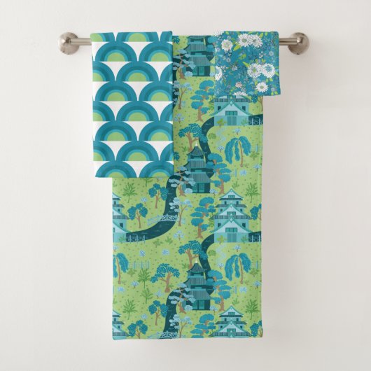Aziatisch patroon blauwgroen bad handdoek (Insitu)