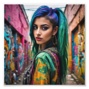 Aziatisch Punk Meisje met Multi Color Haar en Jasj Foto Afdruk