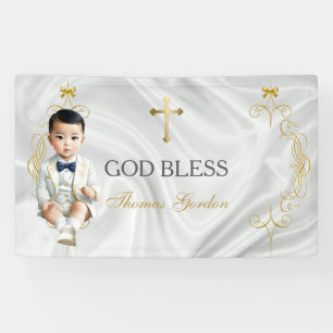 Aziatische babyjongen doop christening goud spandoek