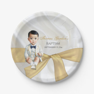 Aziatische babyjongen doop christening wit & goud papieren bordje