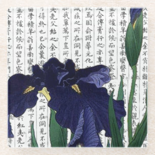 Aziatische Blauwe Iris op Kanji Achtergrond Glazen Onderzetter