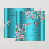 Aziatische Blauwgroen roze bloesem Birthday Party  Kaart (Voorkant / Achterkant)