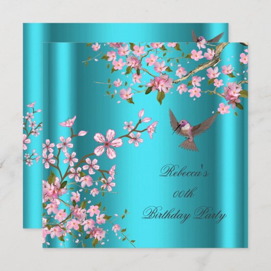 Aziatische Blauwgroen roze bloesem Birthday Party  Kaart (Voorkant / Achterkant)