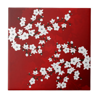 Aziatische bloem in witte kersenbloesem rood tegeltje
