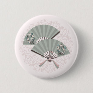 Aziatische bloemen groene fans roze kant digitale  ronde button 5,7 cm