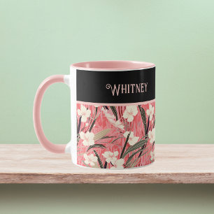 Aziatische bloemmotief roze perzik wit chinoiserie mok