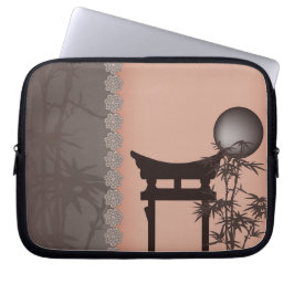 Aziatische bruine Torii bamboe maan digitale kunst Laptop Sleeve
