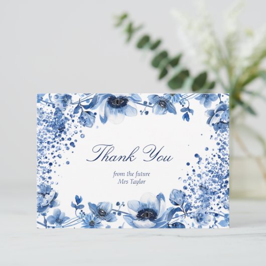 Aziatische Chinoiserie Lichtblauw Bloemen Dank u Kaart (Staand voorkant)