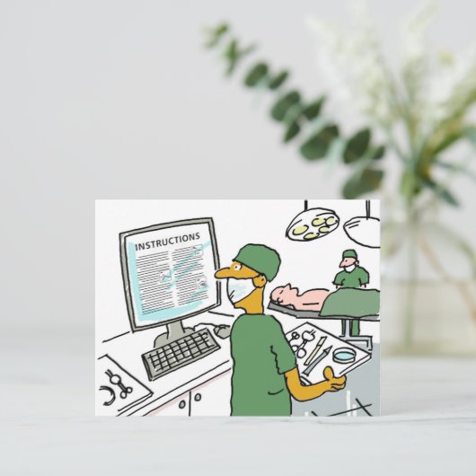 Aziatische chirurg controleert instructies. grappi briefkaart (Staand voorkant)